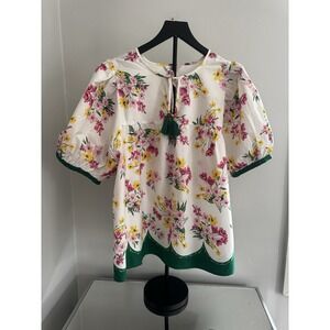 crown & ivy Cream Floral Puff-Sleeve Blouse with Green Trim